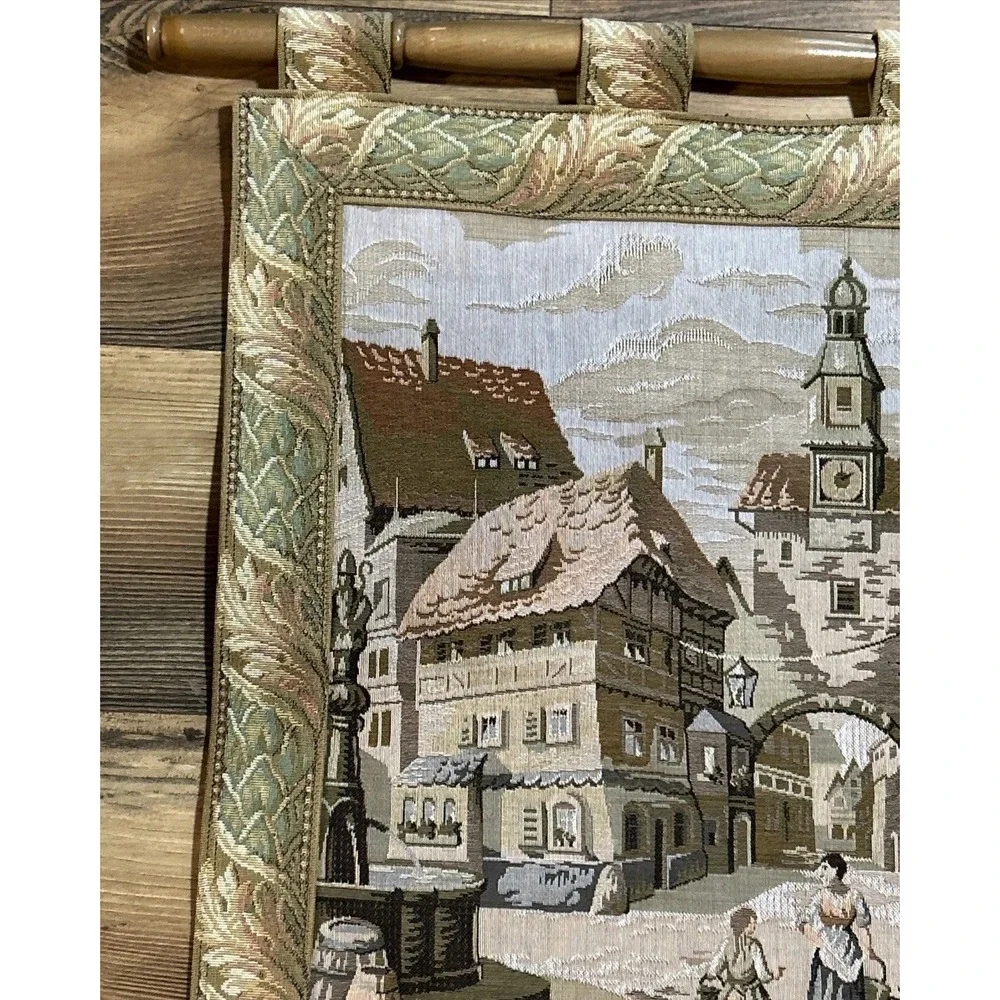 Vintage Woven Tapestry Wall Hanging German Village Scene Wooden Rod  Folk Art